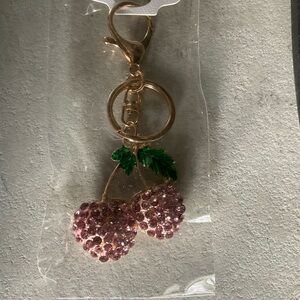 Cherry rhinestone pink gold toned Key Chain with Clip NIP GIFTABLE